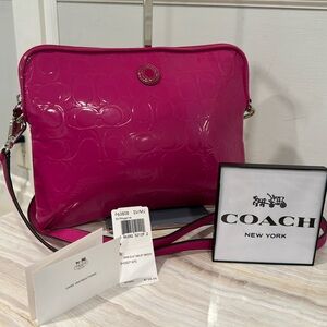 Coach Magenta Signature Embossed Patent Leather Crossbody Bag EUC
